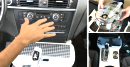 We created many prototypes that illustrate the UX of mid-air haptics in cars. These photos are from the system we installed in our test vehicle: it includes the transducer board (the keyboard-looking structure between gear shift and infotainment system), a custom trim to make the system integrate seamless into the interior, as well as a fully working GUI (partially visible on top) that supports the mid-air haptics effect for automotive specific gestures.<br><br>

			On the right side, there is a comparison between original trim (right) and our custom trim. On the right, middle, is the assembly that contains that driver board, fans, and electric components, that go below the transducer array; all that was provided by Ultraleap. At the bottom right, we see the system with the transducer board covered: one of the unique things about mid-air haptics is that the signal can pass through acoustically transparent material, such as the grille we show on this picture.<br><br>

			This system was demoed first to all HARMAN executives (including to Young Sohn, chairman of the HARMAN board, who acquired HARMAN for Samsung because of HARMAN's automotive technologies—such as this one), then literally to all OEMs, both in the Silicon Valley (where they have significant R&D labs) and in the Detroit area where all US OEMs are located.